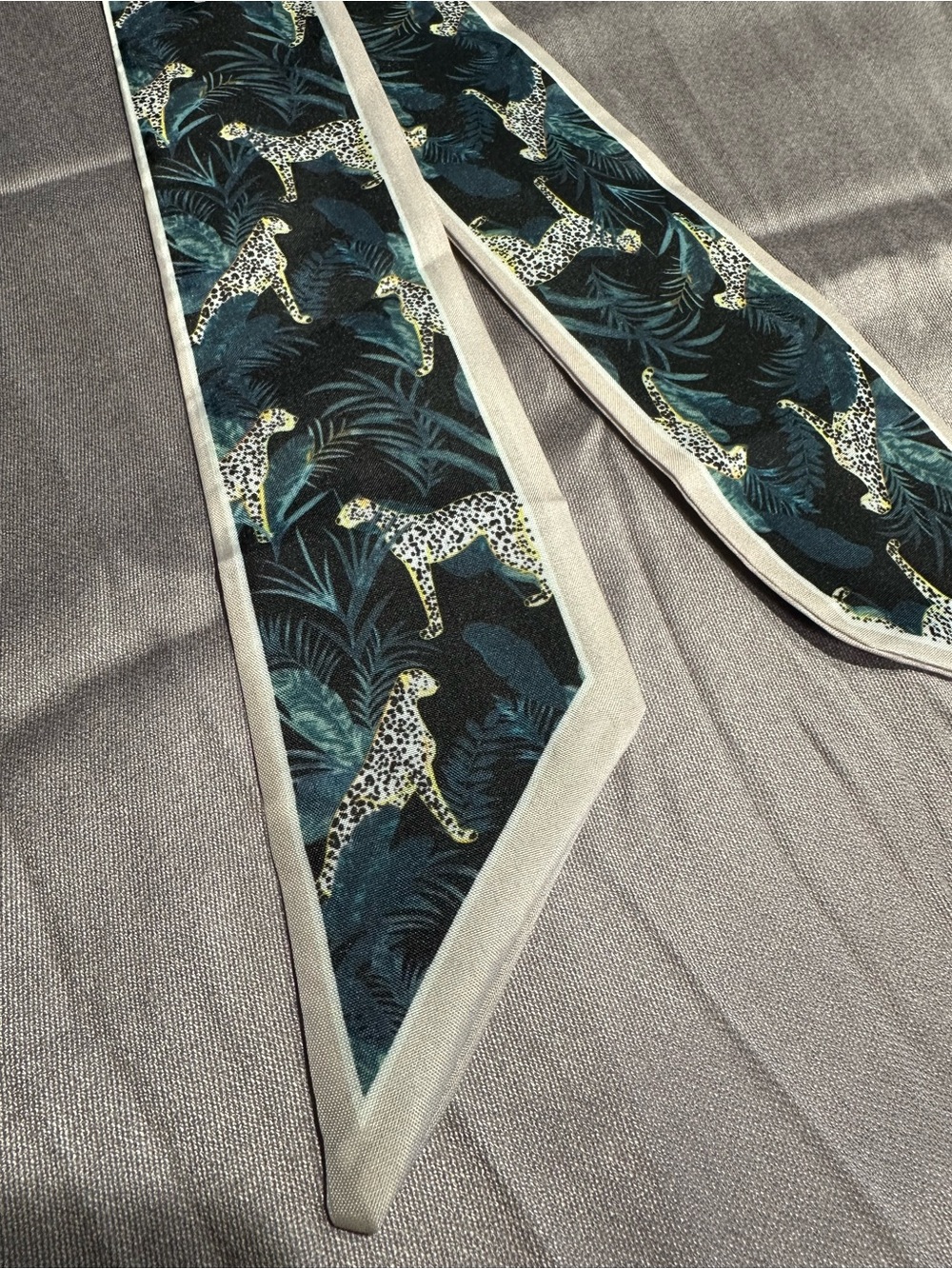 Silky Leopard & Palm Skinny Scarf in Teal and Ivory - Picture 2 of 3